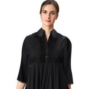 Lace Trim Floral Embroidery Cotton Voile Empire Dress